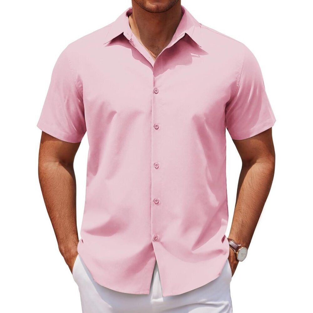 Solid Pink Men Casual Short Sleeve Button Down Untucked Wrinkle Free Shirt